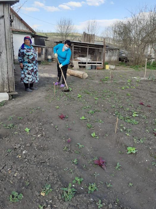 Санитарка Павлова Е.И. помогает пенсионерам Журавлевым в прополке сорняков.